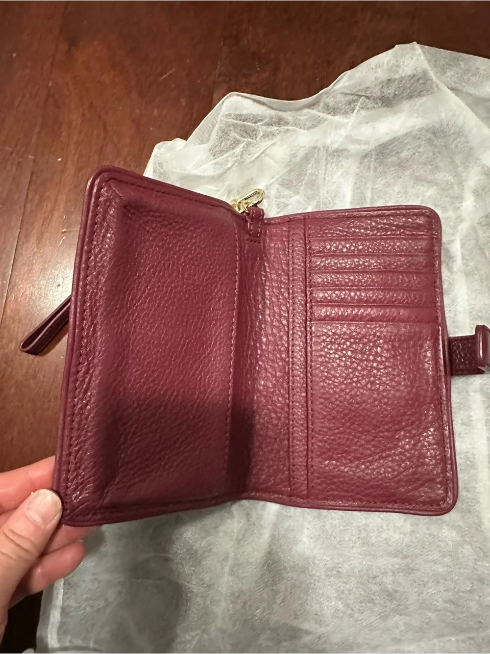 Tory Burch Pebbled Leather Wristlet in Deep Burgundy with Gold Logo